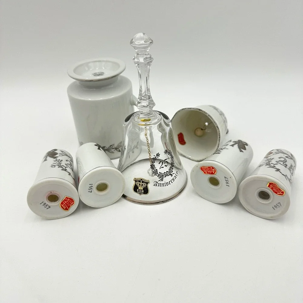 Lefton E&R France 25th Anniversary Porcelain Silver Cup Shakers Crystal Bell